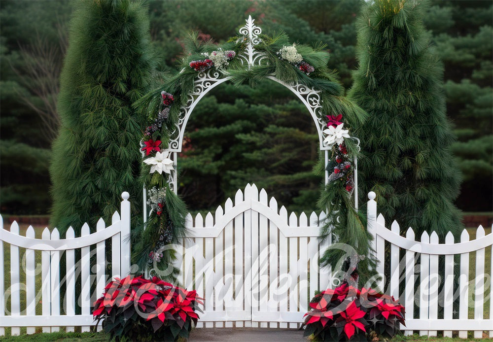 Kate Winter Christmas Outdoor Forest White Retro Arched Gate Backdrop Designed by Mini MakeBelieve