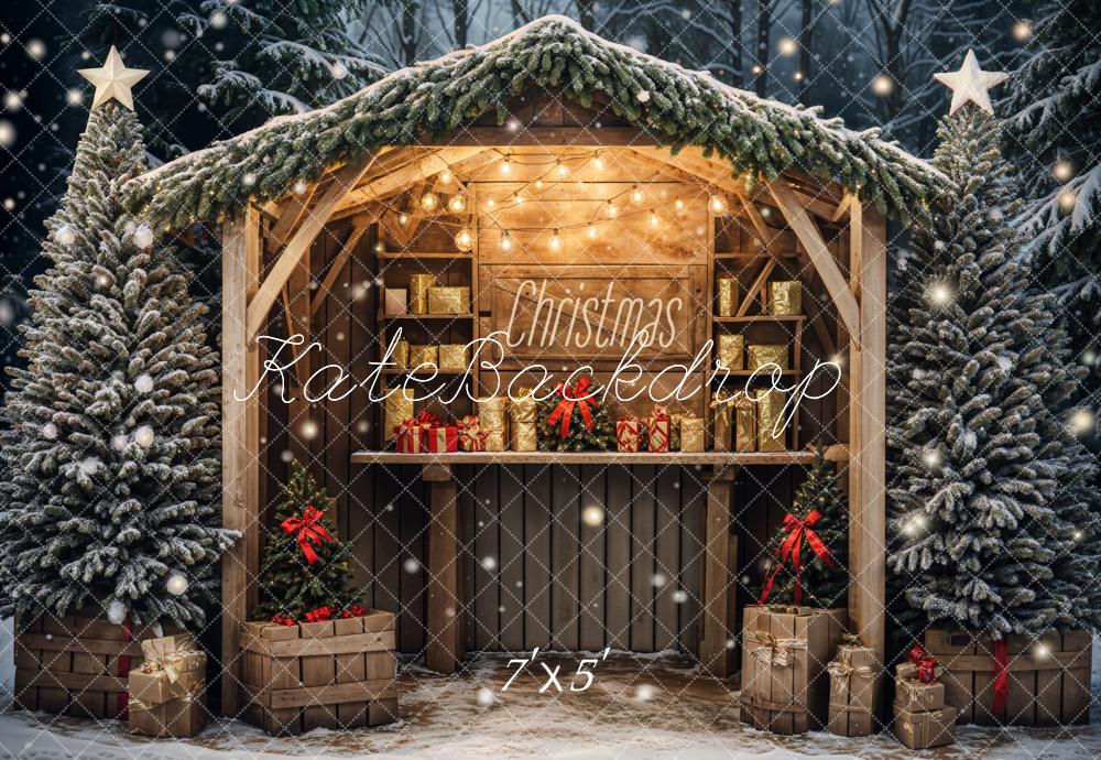 Kate Christmas Outdoor Forest Brown Cabin Backdrop Designed by Emetselch