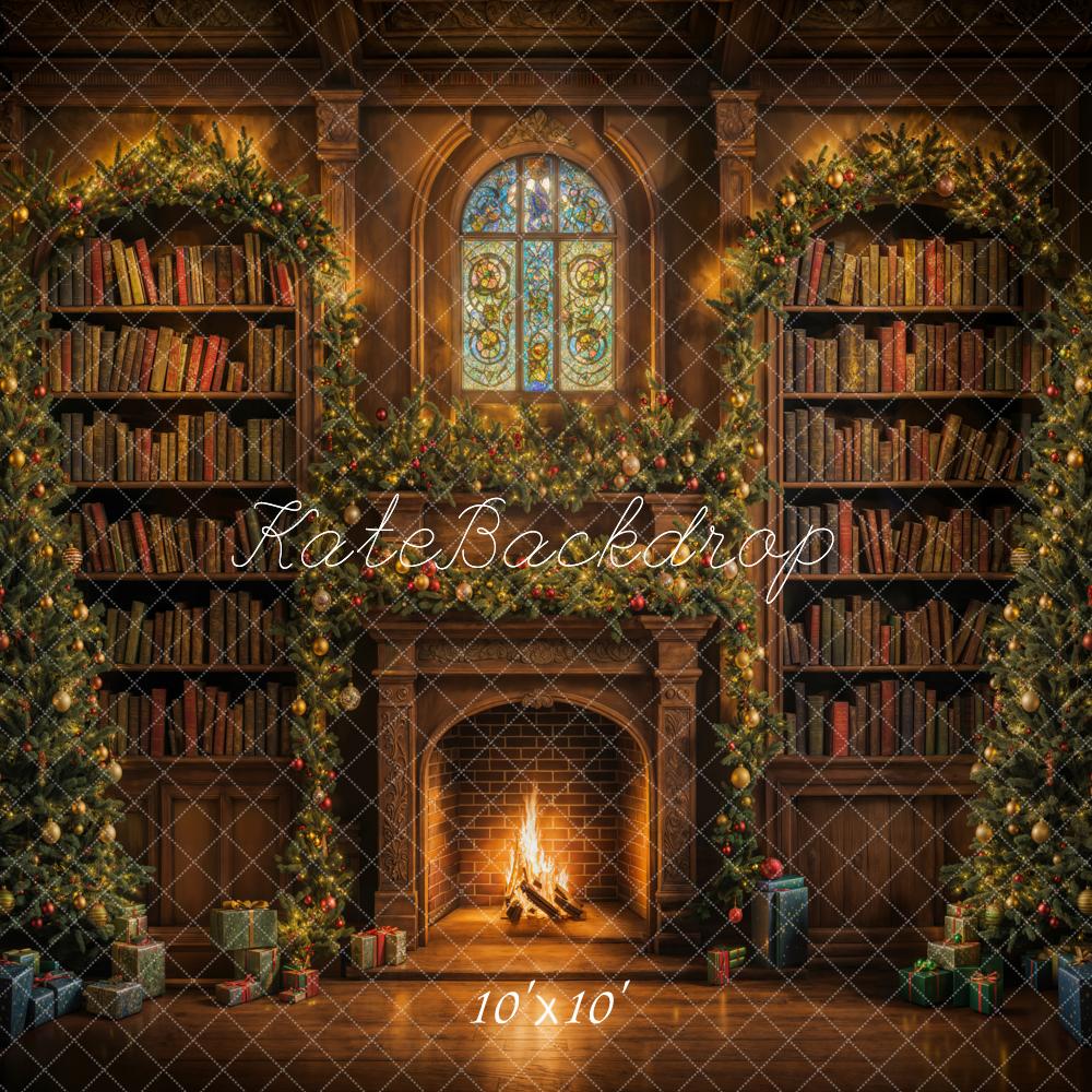 Kate Christmas Indoor Arched Bookshelf Retro Brick Fireplace Backdrop Designed by Emetselch