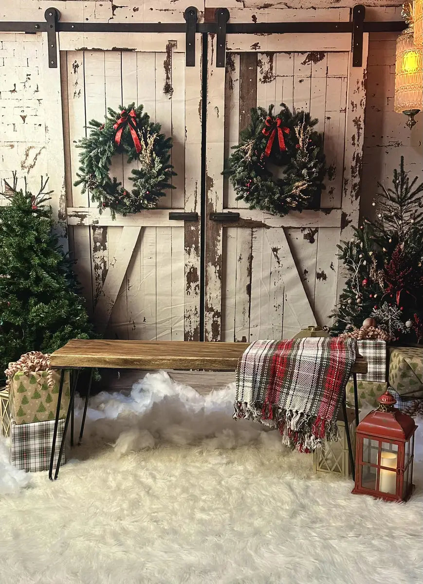 Kate Christmas White Shabby Barn Door Backdrop Designed by Emetselch