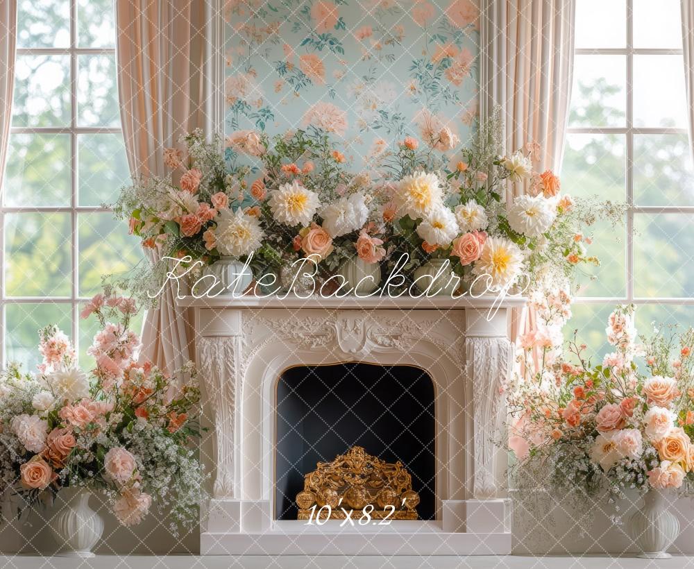 Kate Spring Floral Retro Fireplace Window Backdrop Designed by Mini MakeBelieve