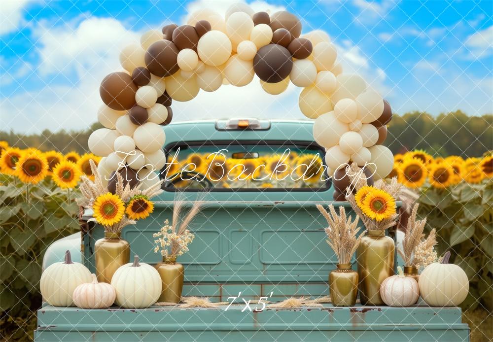 Kate Fall Teal Truck Sunflower Balloons Arch Backdrop Designed by Mini MakeBelieve