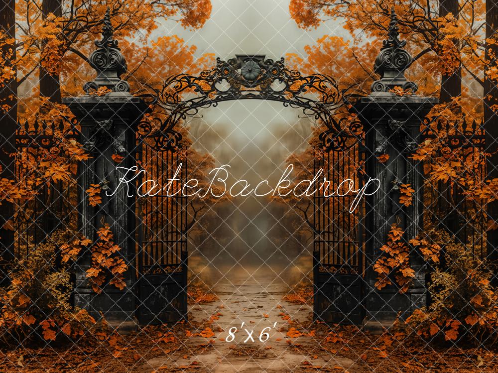 Fall Black Vintage Iron Gate Maple Tree Foto Achtergrond Designed by Emetselch