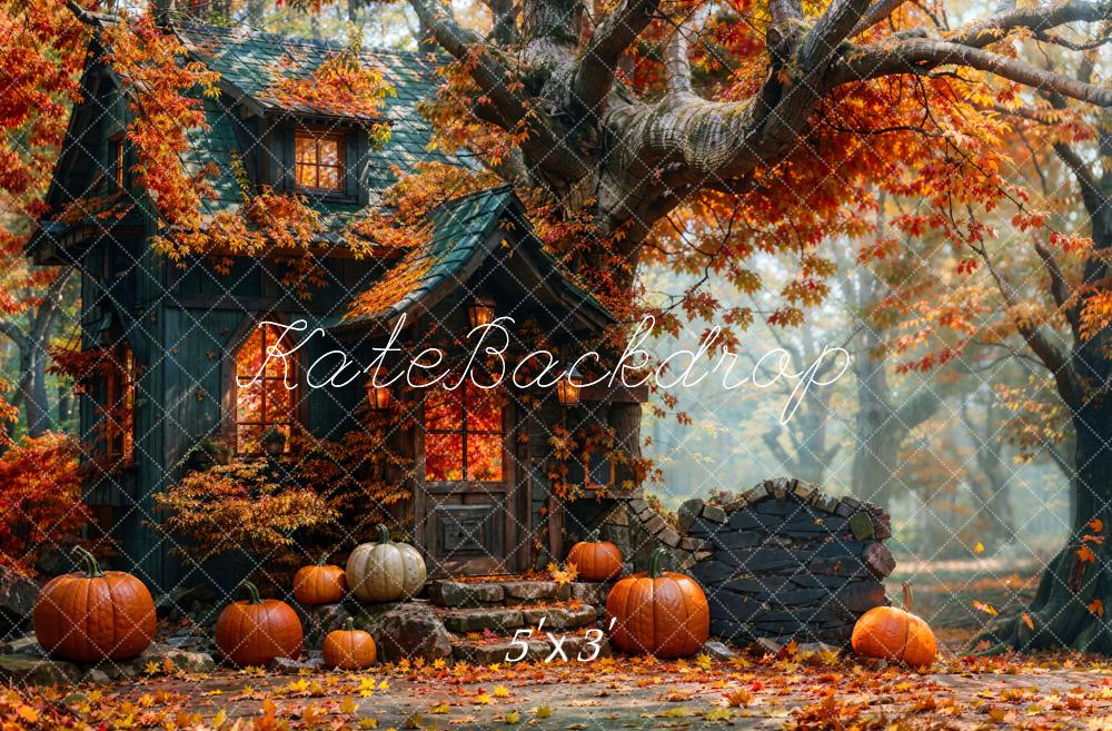 Bosque de Otoño con Calabaza Negro Retro Cabaña Fondo Diseñado por Emetselch