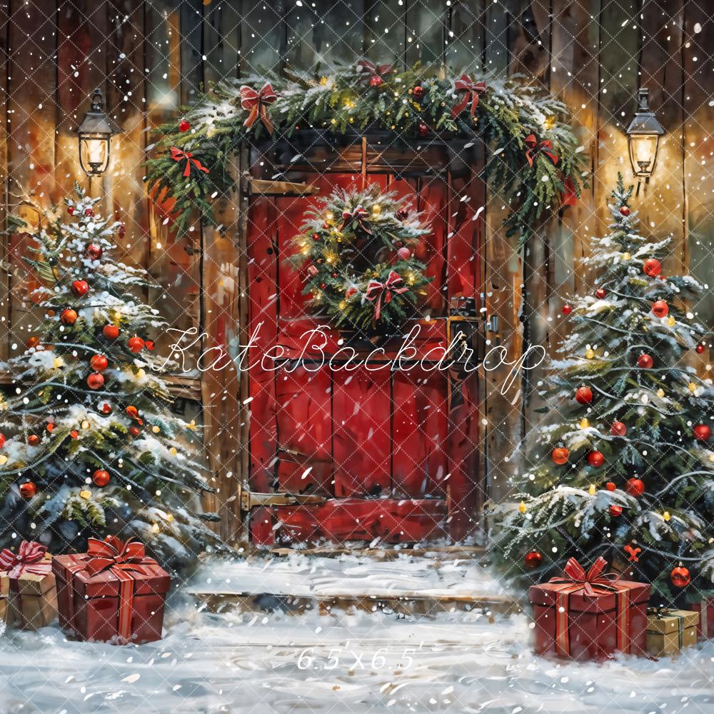 Kate Winter Christmas Red Door Wooden Cabin Backdrop Designed by Chain Photography