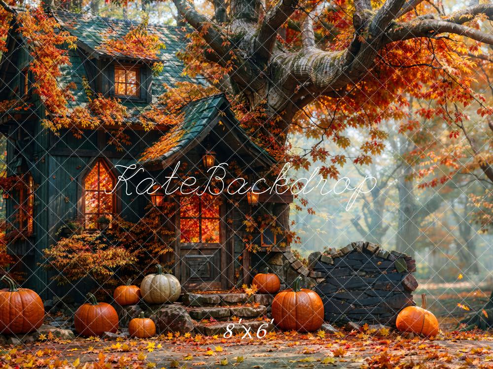 Kate Fall Forest Pumpkin Black Retro Hut Backdrop Designed by Emetselch