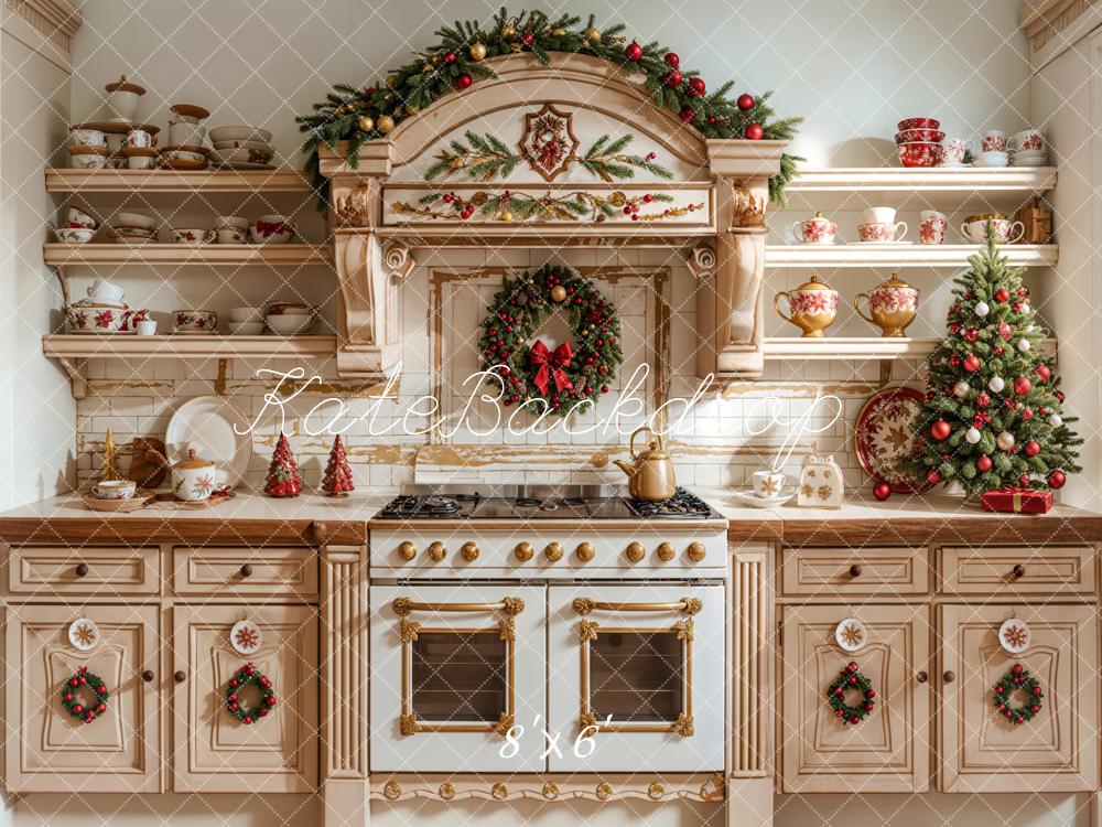 Kate Christmas Kitchen Apricot Cabinet Dishes Backdrop Designed by Emetselch