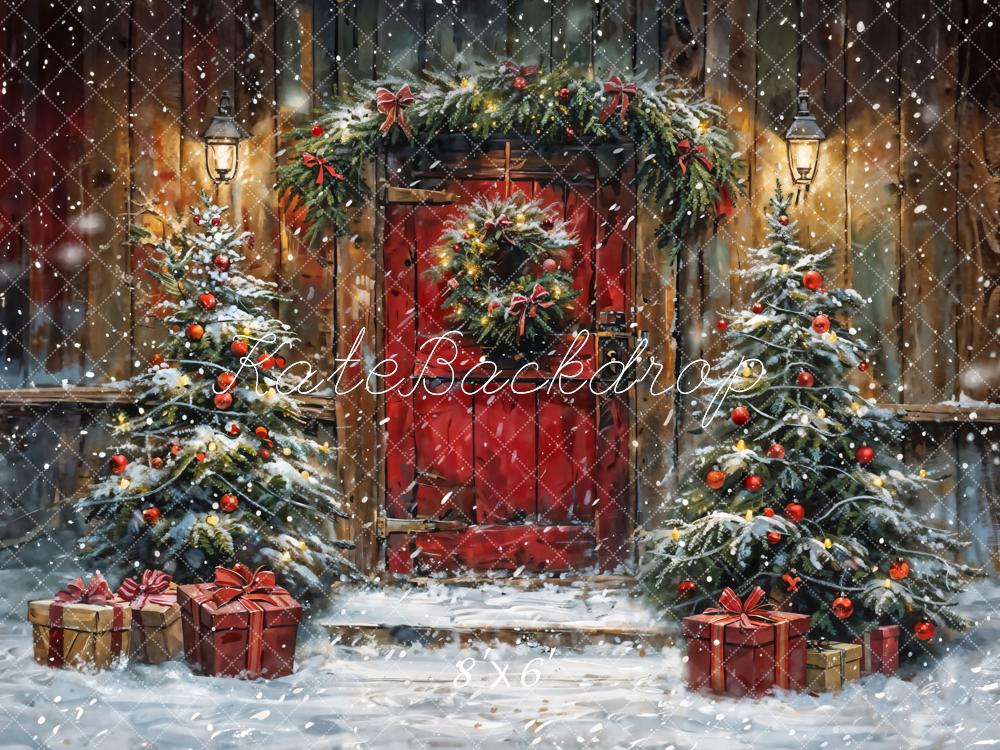 Kate Winter Christmas Red Door Wooden Cabin Backdrop Designed by Chain Photography