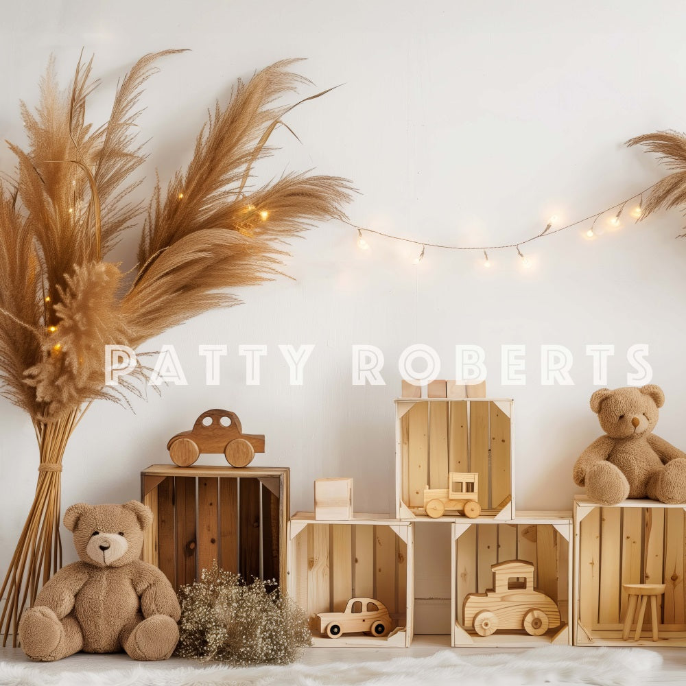 Fondo de madera de coche de oso de peluche bohemio Diseñado por Patty Robert