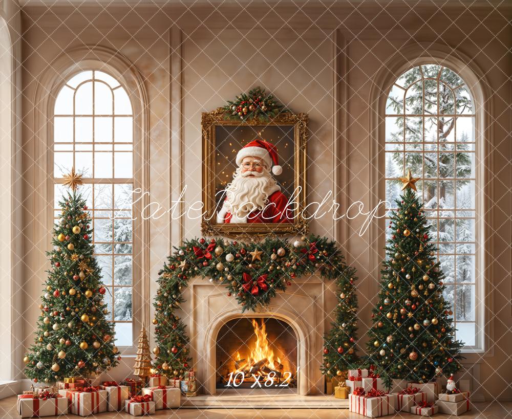 Kate Christmas Tree Fireplace Santa Claus Portrait Vintage Window Backdrop Designed by Emetselch