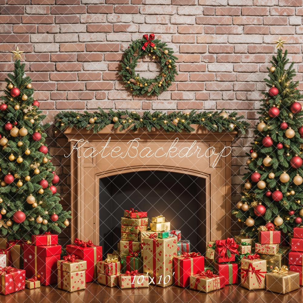 Kate Christmas Brown Fireplace Red Brick Wall Backdrop Designed by Emetselch