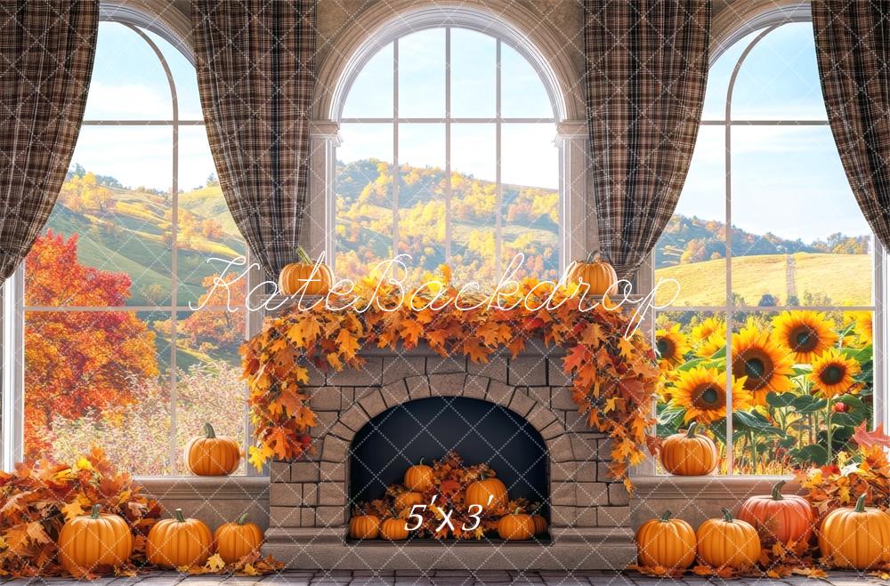 Fondo de chimenea con arco de girasoles y calabazas de otoño diseñado por Mini MakeBelieve