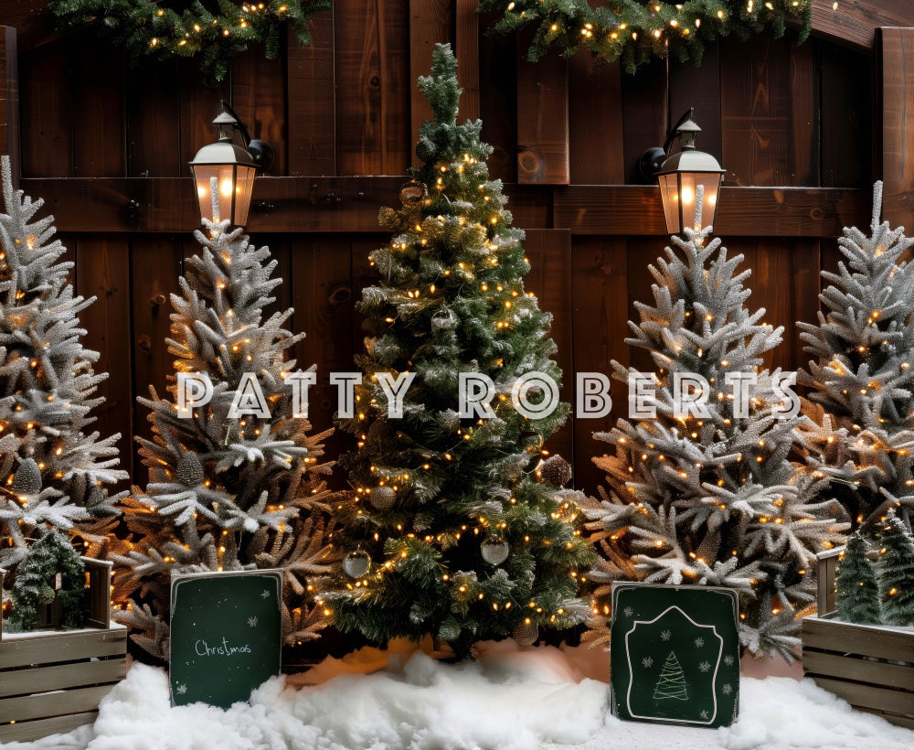 Fondo de tienda de árbol de Navidad rústico diseñado por Patty Robert