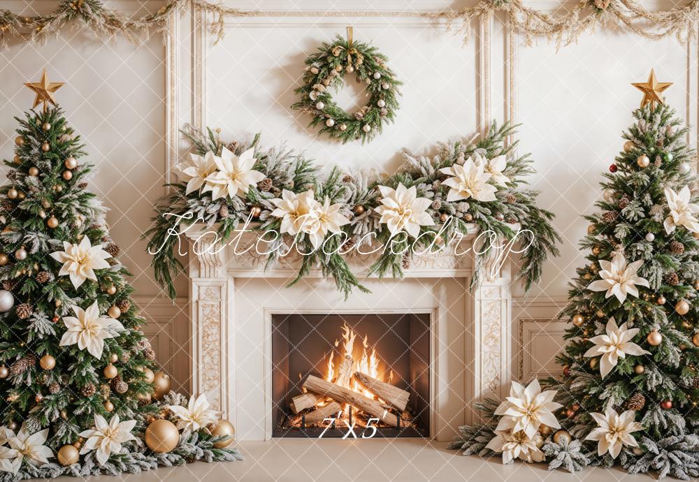 Fondo de chimenea de flores blancas navideñas y árboles diseñado por Emetselch