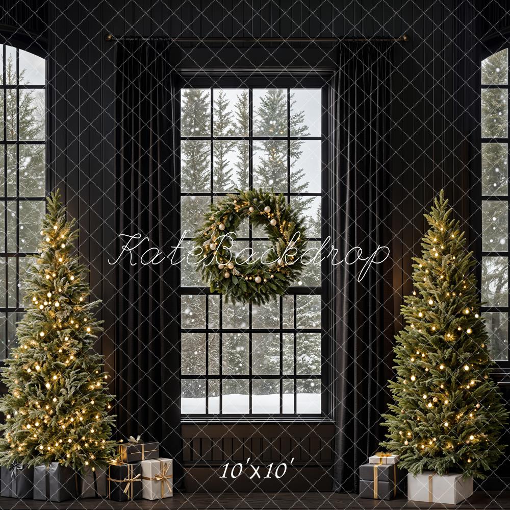 Árboles de Navidad Retro Fondo de Ventana Negro Diseñado por Emetselch