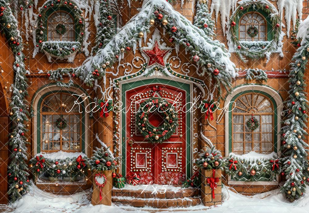 Kate Christmas Red Star Brown Gingerbread House Backdrop Designed by Emetselch