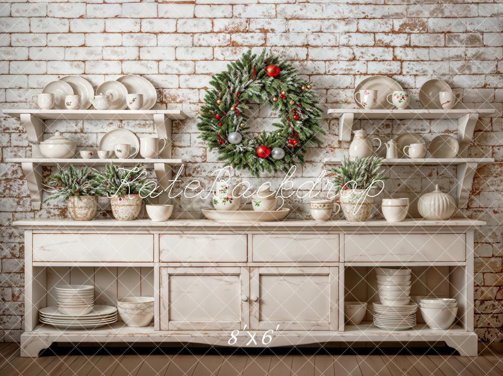 Kerst White Cabinet Brick Wall Wreath Foto Achtergrond Designed by Emetselch