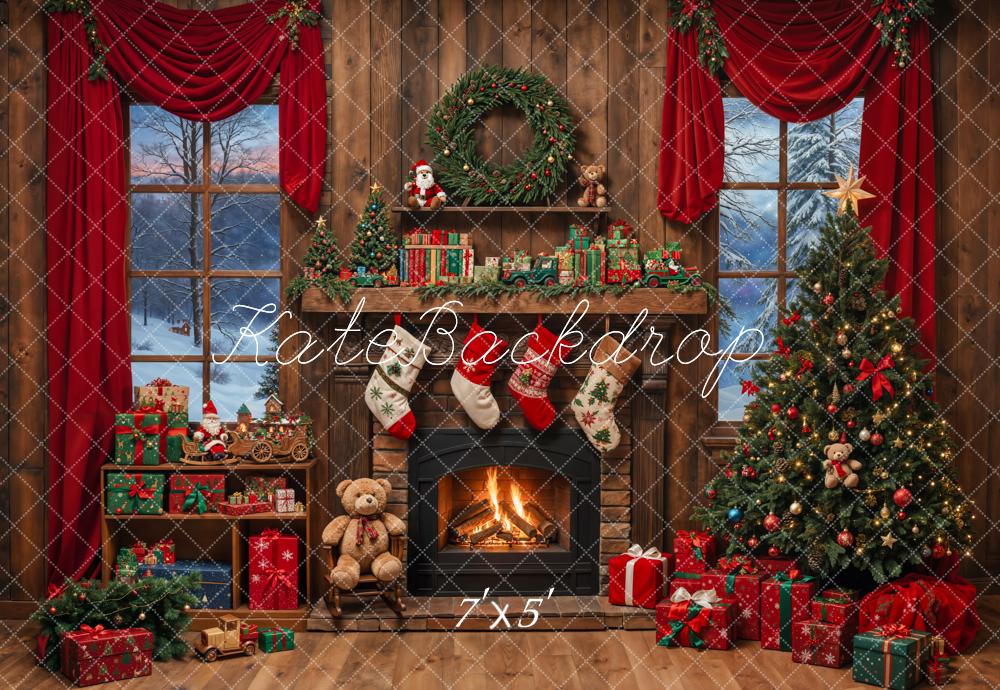 Kate Christmas Tree Fireplace Wooden Backdrop Designed by Emetselch