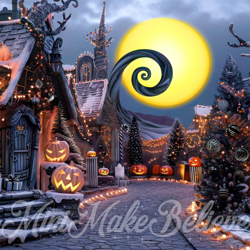 Fondo de Calle Oscura de la Ciudad de Halloween de Calabaza Diseñado por Mini MakeBelieve