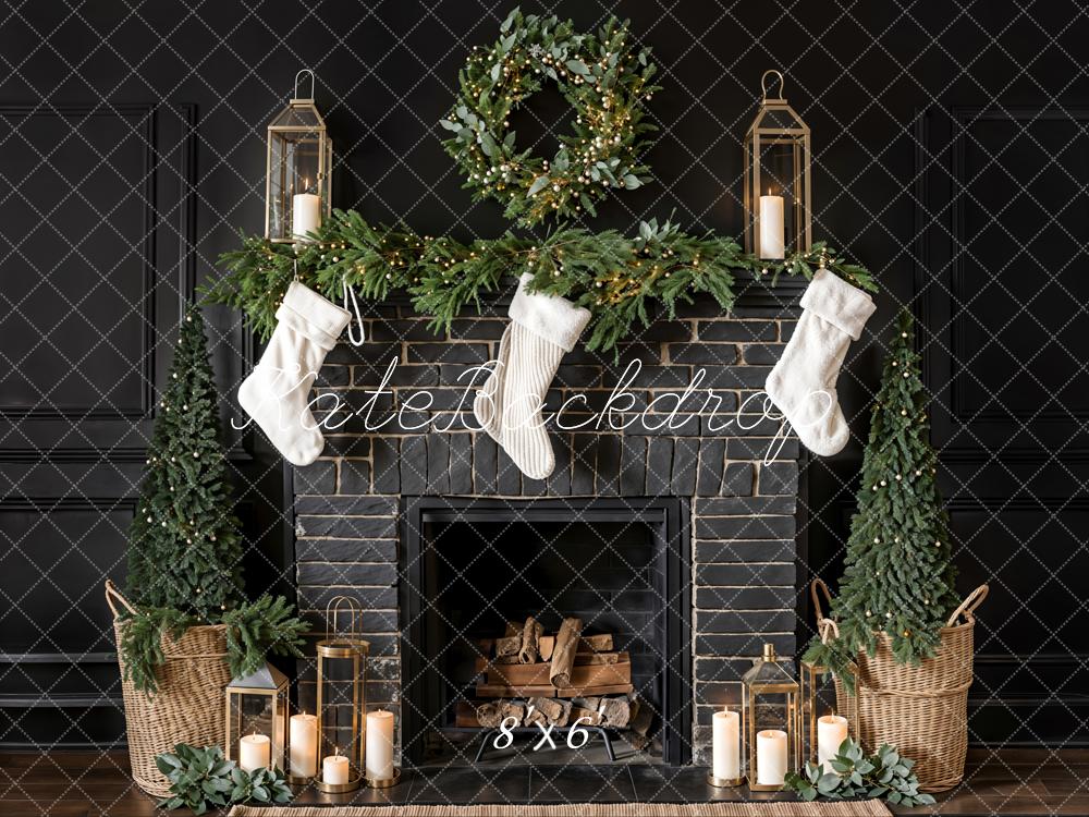 Kate Christmas White Sock Black Brick Fireplace Backdrop Designed by Emetselch