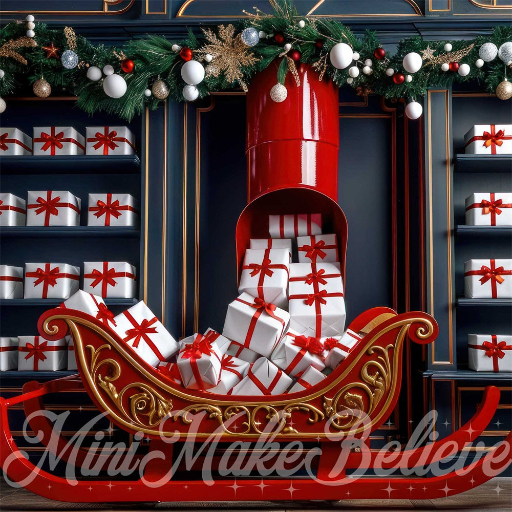 Kerstbinnenruimte met arreslee-cadeauwinkel-achtergrond ontworpen door Mini MakeBelieve.