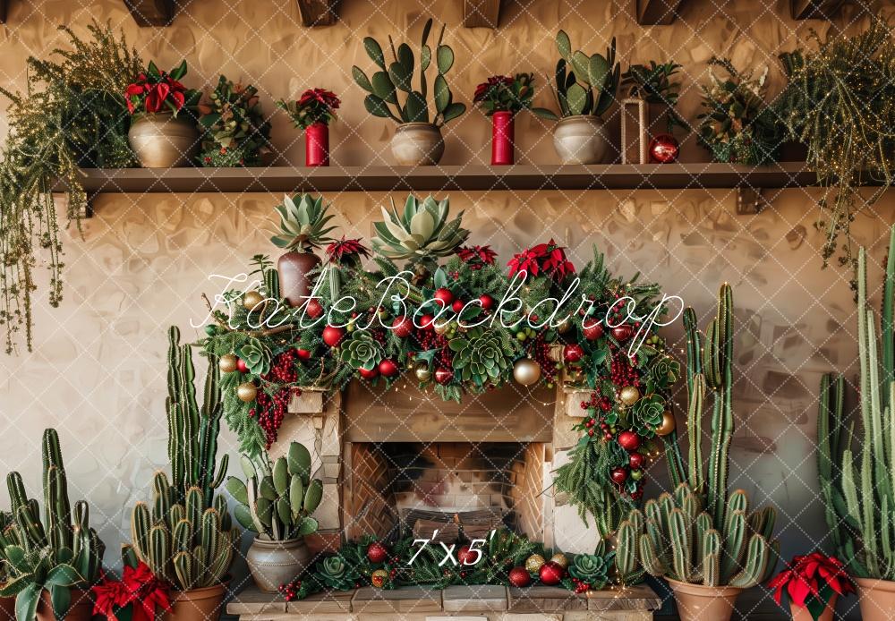 Rustic Kerst Cactus Haard Foto Achtergrond Designed by Patty Roberts