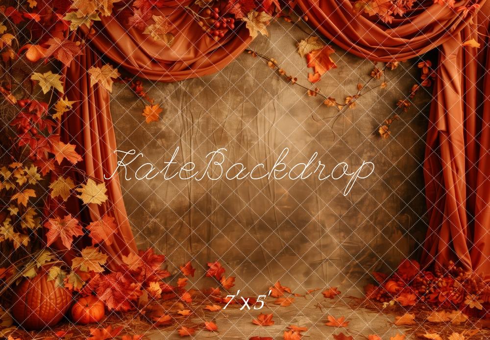 Kate Fall Pumpkin Leaves With Red Draped Curtain Backdrop Designed by Patty Roberts