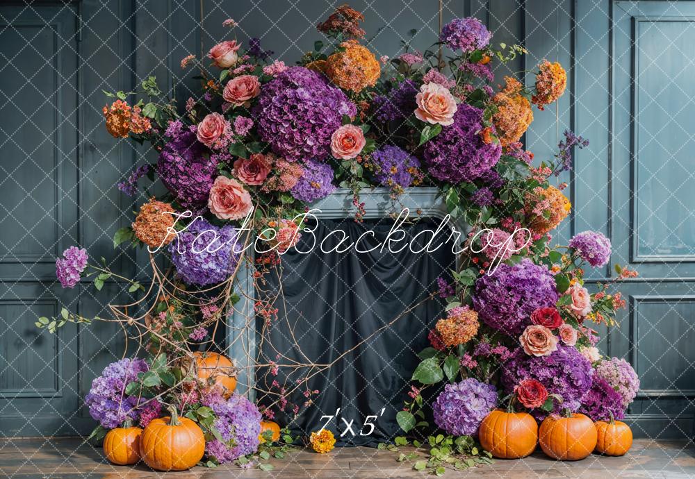 Arco de Flores de Otoño Azul Vintage Fondo de Pared Diseñado por Emetselch