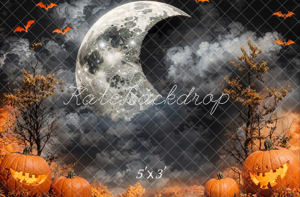 Kate Halloween Crescent Moon Dark Cloud Pumpkin Lanterns Backdrop Designed by Emetselch