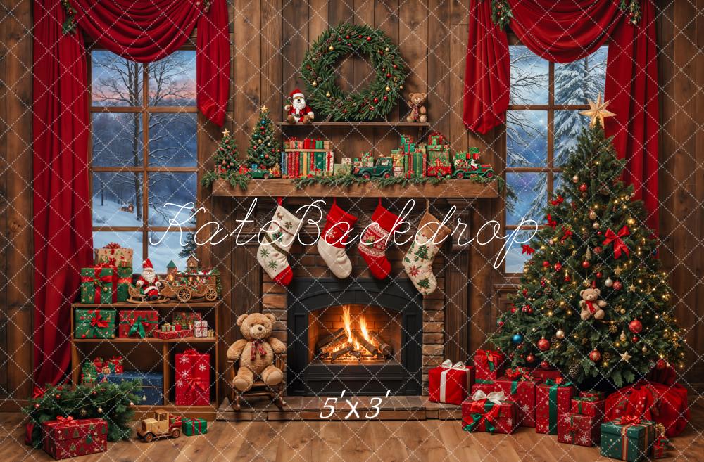 Kate Christmas Tree Fireplace Wooden Backdrop Designed by Emetselch