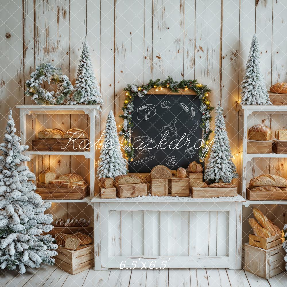 Kate Christmas Tree White Wooden Shelf Bread Chalkboard Backdrop Designed by Emetselch