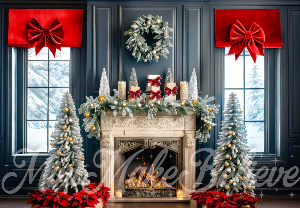 Kate Christmas Golden Retro Fireplace Blue Wall Backdrop Designed by Mini MakeBelieve