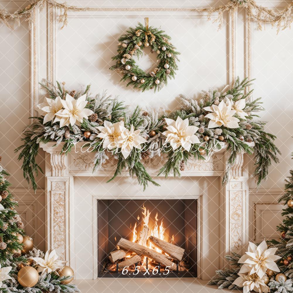 Kate Christmas White Flower Fireplace Trees Backdrop Designed by Emetselch