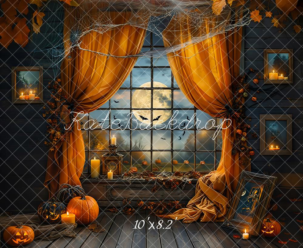 Kate Halloween Night Bat Orange Curtain Black Framed Window Backdrop Designed by Emetselch