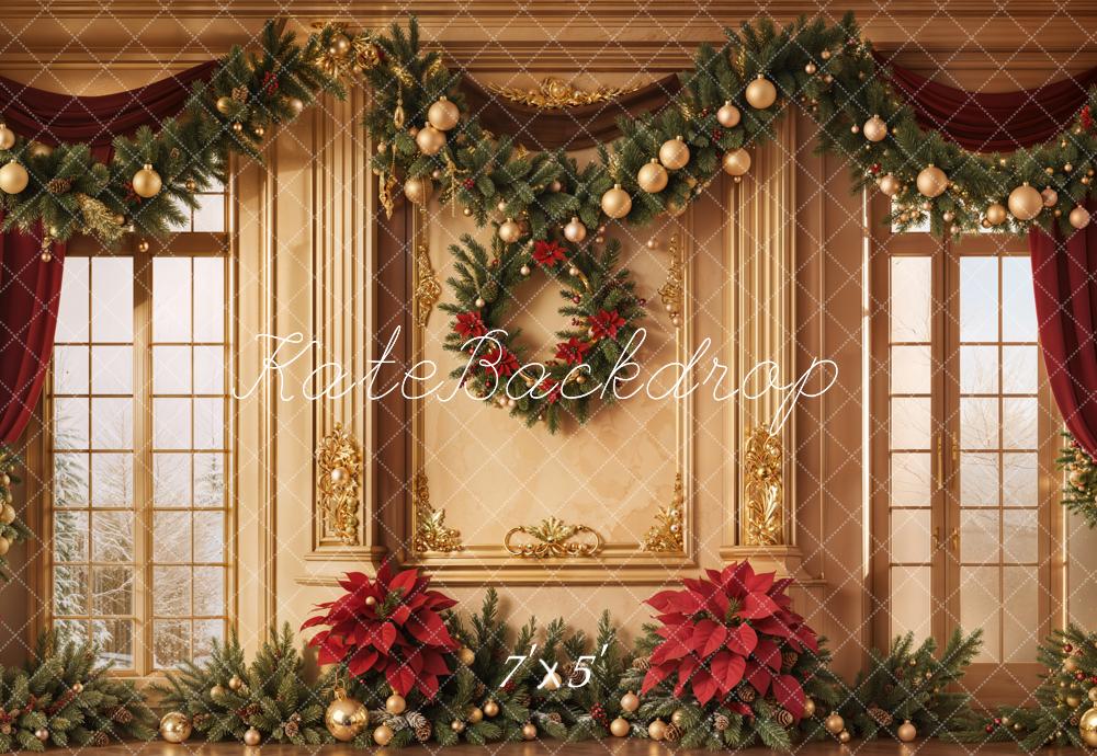 Kate Christmas Window Poinsettia Curtains Backdrop Designed by Emetselch