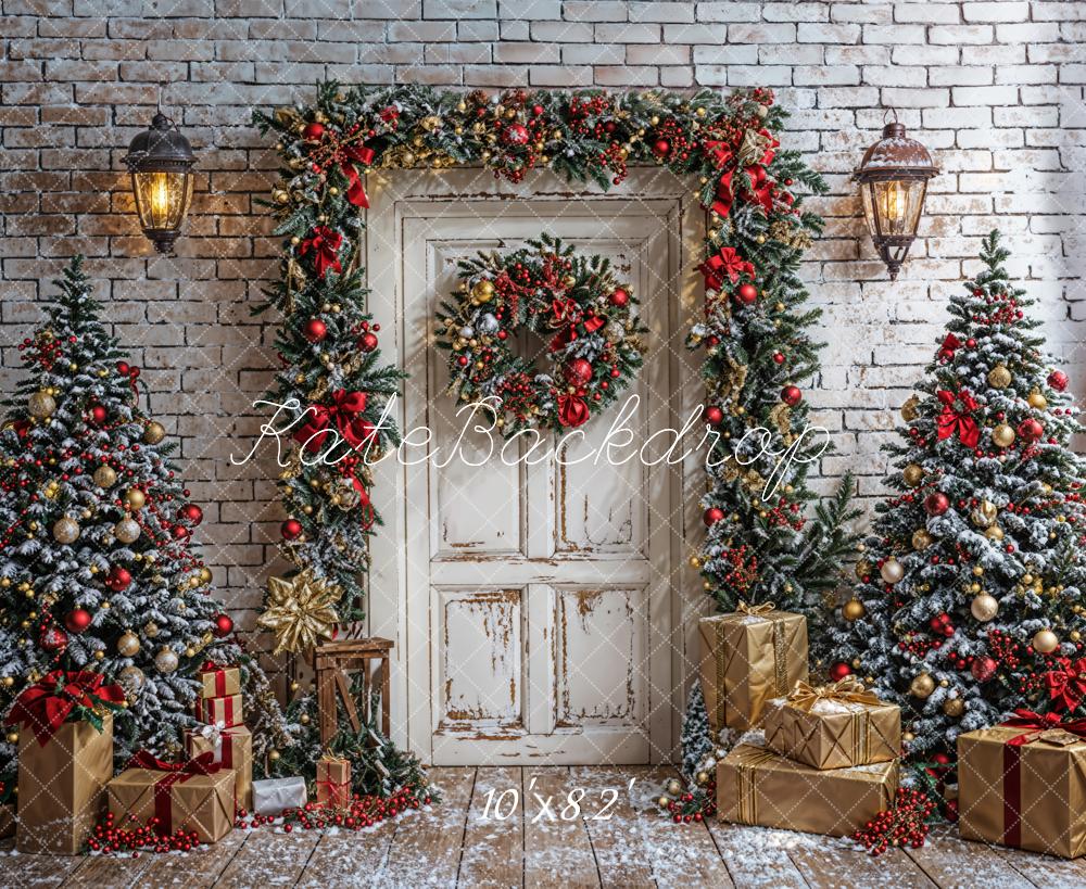 Kate Winter Christmas Tree White Door Gray Brick Wall Backdrop Designed by Emetselch