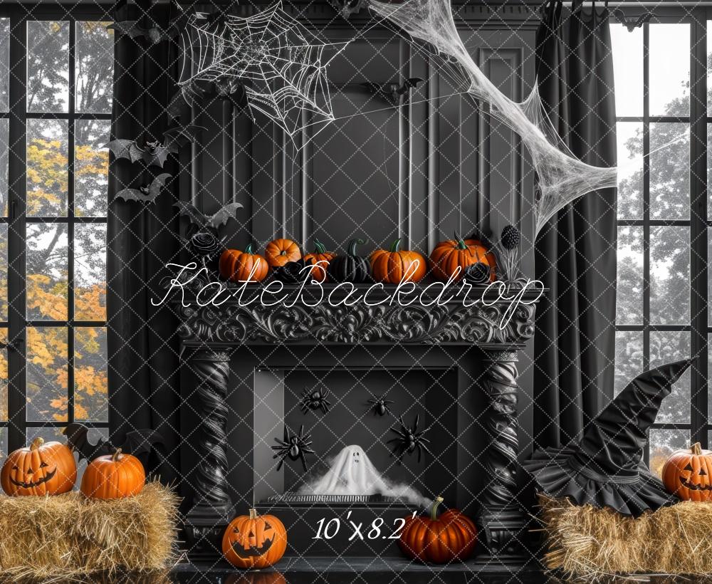 Kate Halloween Pumpkins Fireplace Cobwebs With Black Wall Backdrop Designed by Mini MakeBelieve