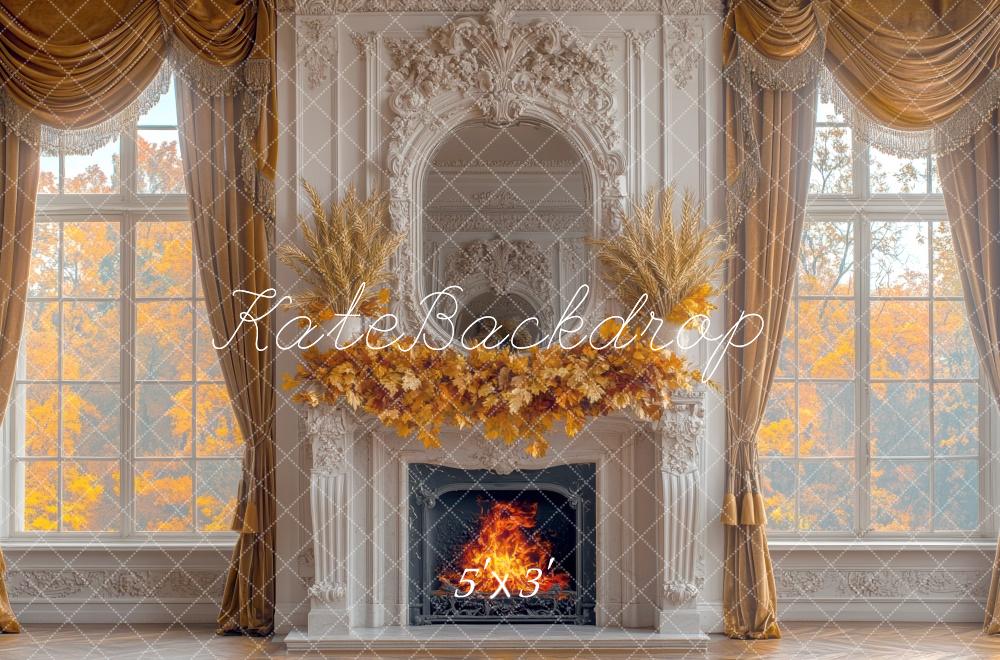 Fall Blanco Chimenea y Ventana Con Elegante Fondo de Pared Diseñado por Mini MakeBelieve