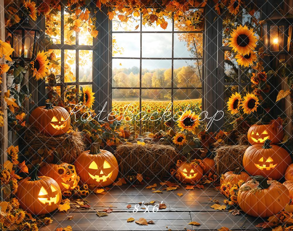 Kate Halloween Sunflowers Pumpkin Window Backdrop Designed by Emetselch