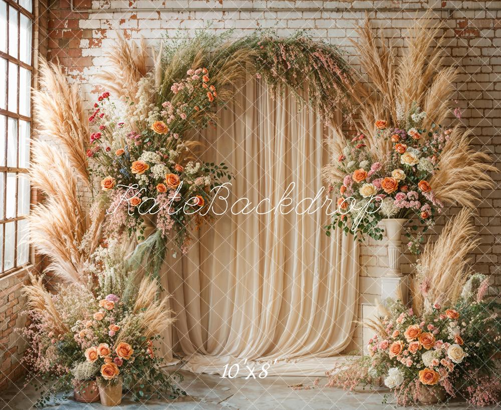 Kate Boho Flower Arch Window Beige Backdrop Designed by Emetselch