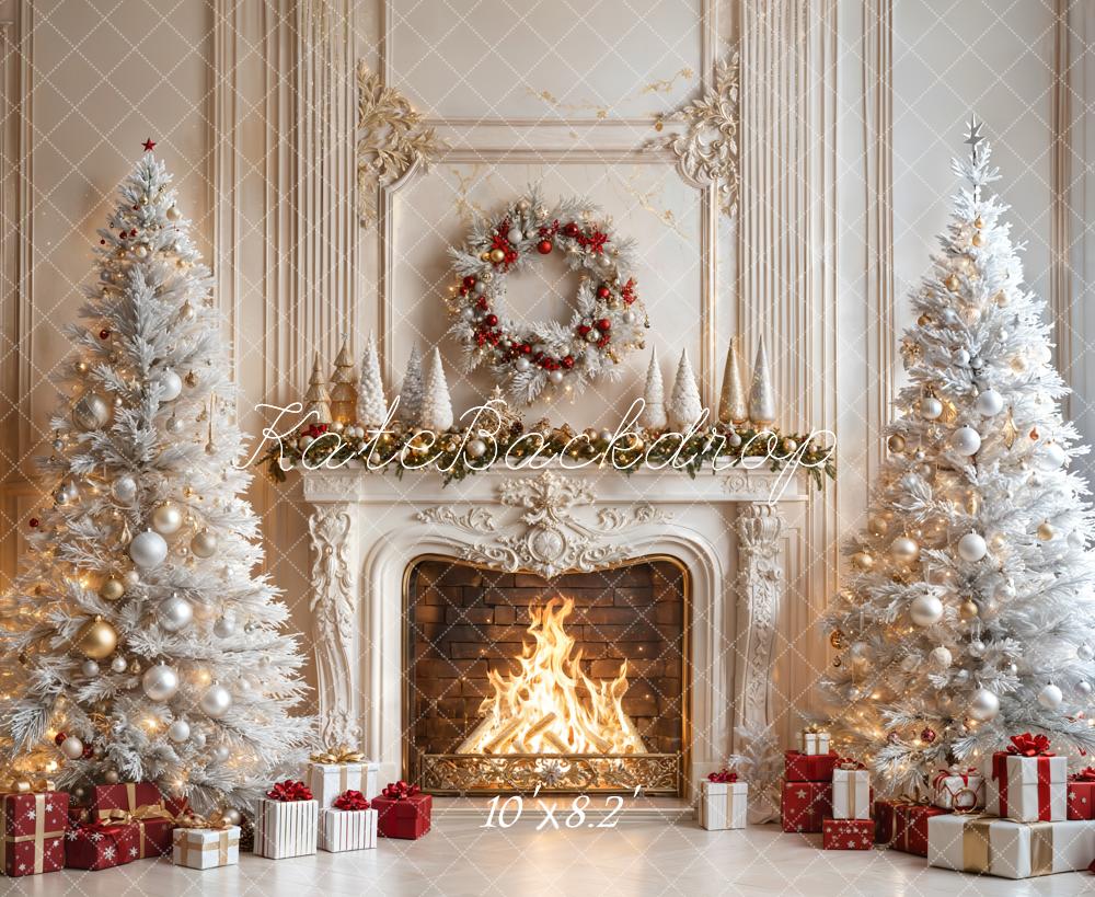 Kate Christmas Fireplace White Trees Gifts Backdrop Designed by Emetselch