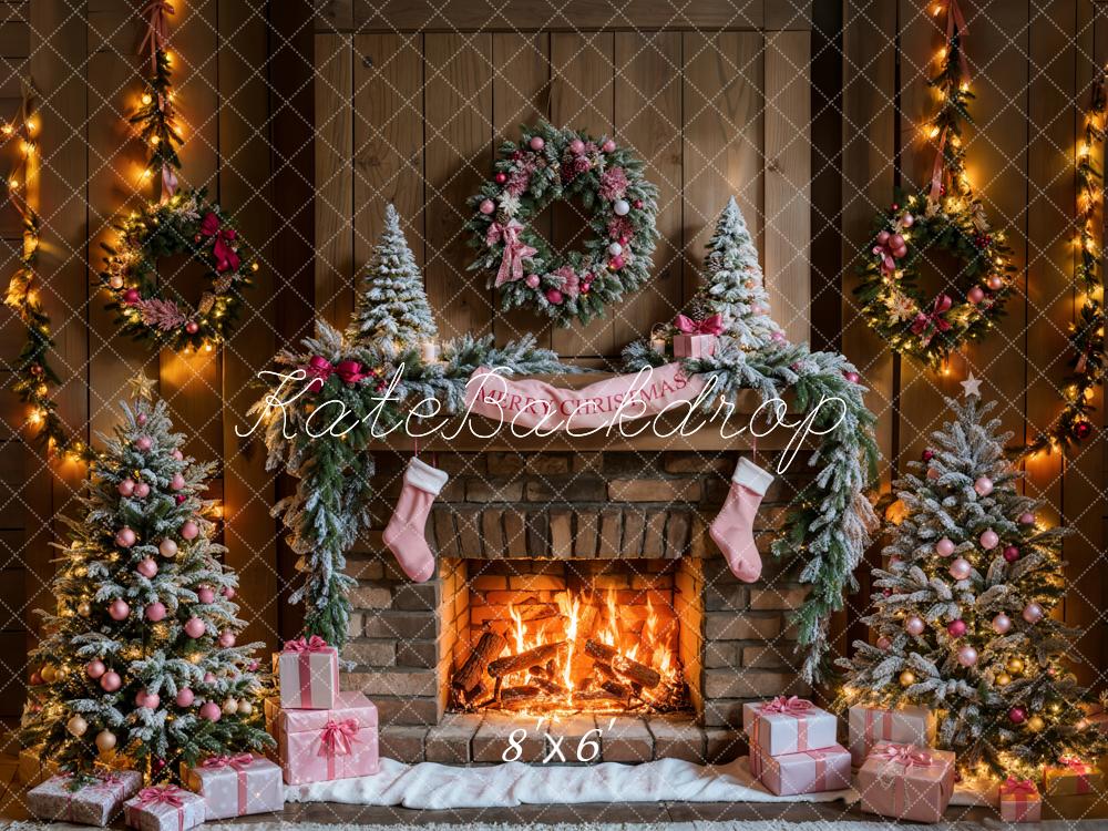 Árbol de Navidad Chimenea Caja de Regalo Rosa Fondo de Madera