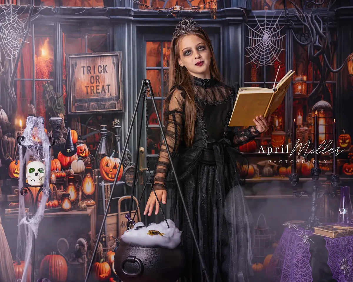 Kate Halloween Spooky Pumpkin Store Trick or Treat Backdrop Designed by Emetselch