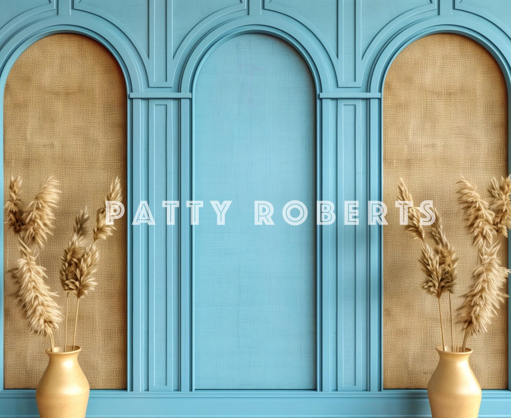 Kate Boho Blue and Brown Retro Arch Wall Backdrop Designed by Patty Robert