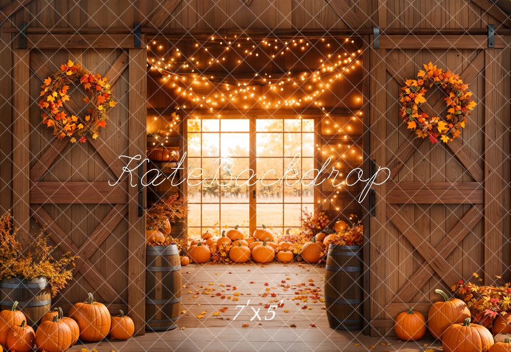 Fall Wooden Door Pumpkin Barn Lights Window Foto Achtergrond Designed by Emetselch