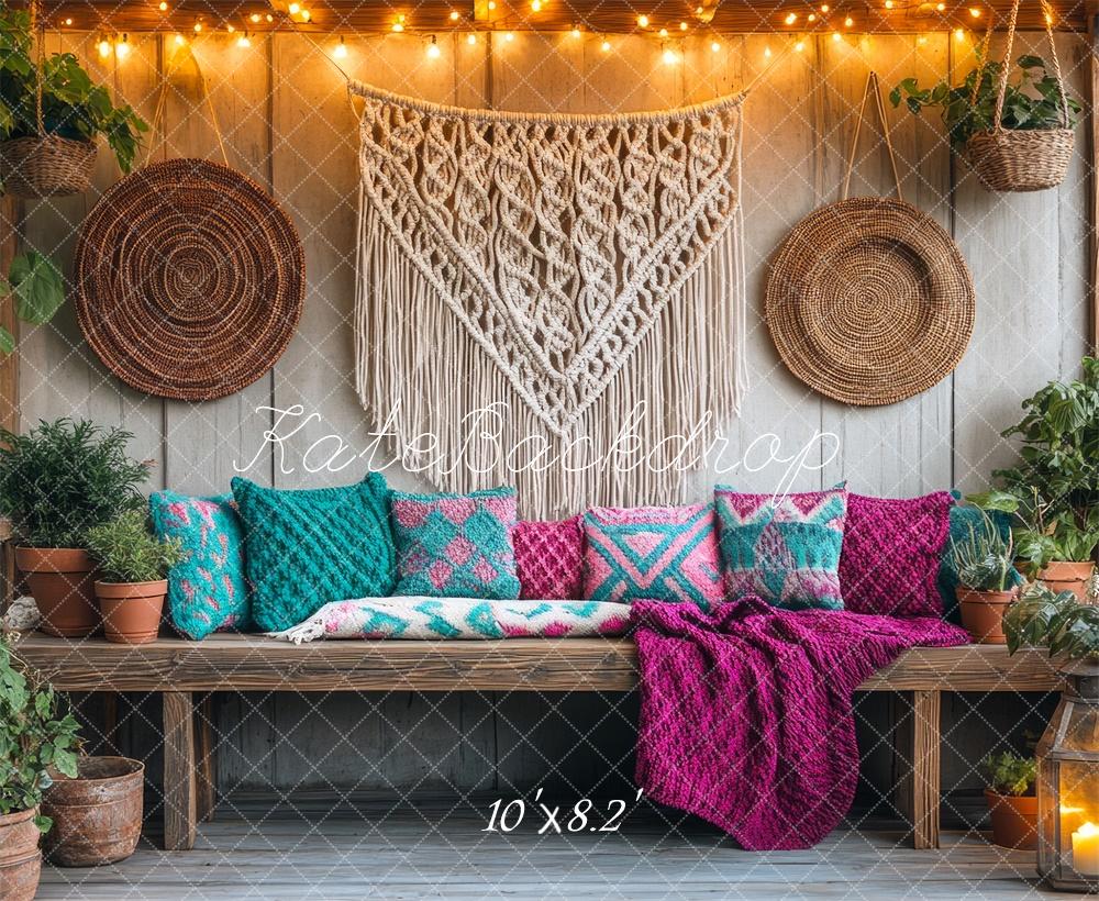 Banco de patio acogedor de macramé bohemio diseñado por Mini MakeBelieve