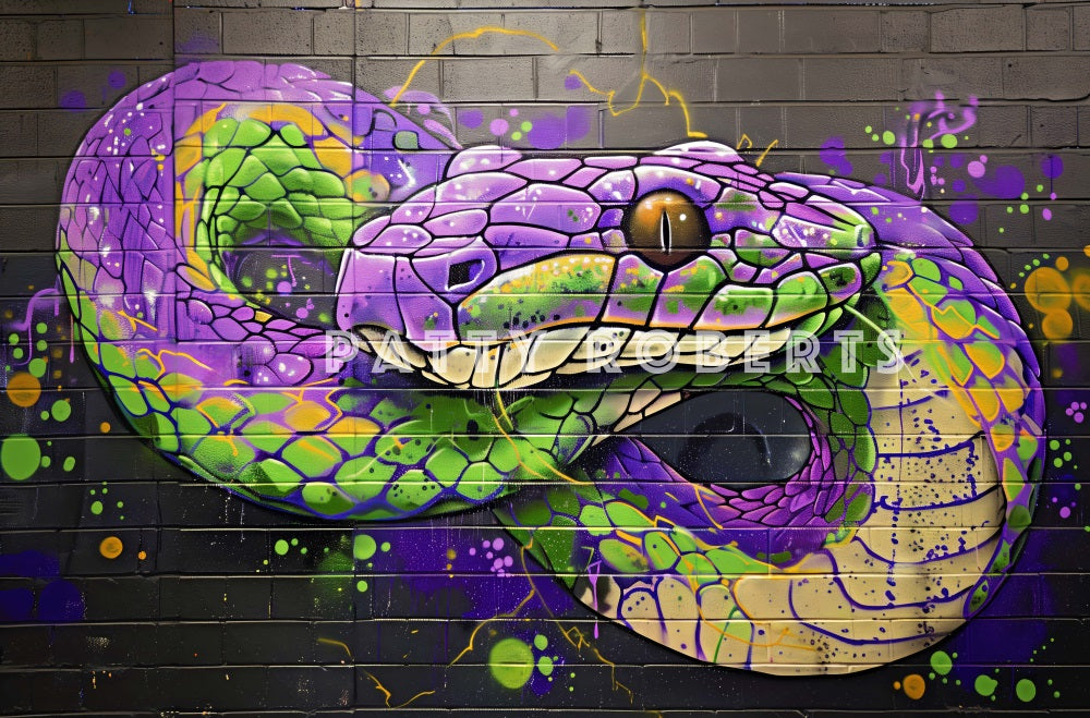 Fondo de muro de serpiente púrpura y verde graffitizado diseñado por Patty Robert