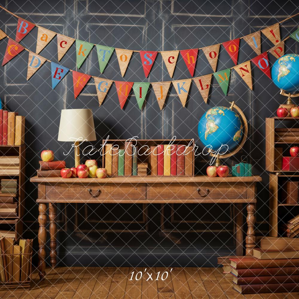 Kate Back to School Globe Books Black Retro Wall Backdrop Designed by Emetselch