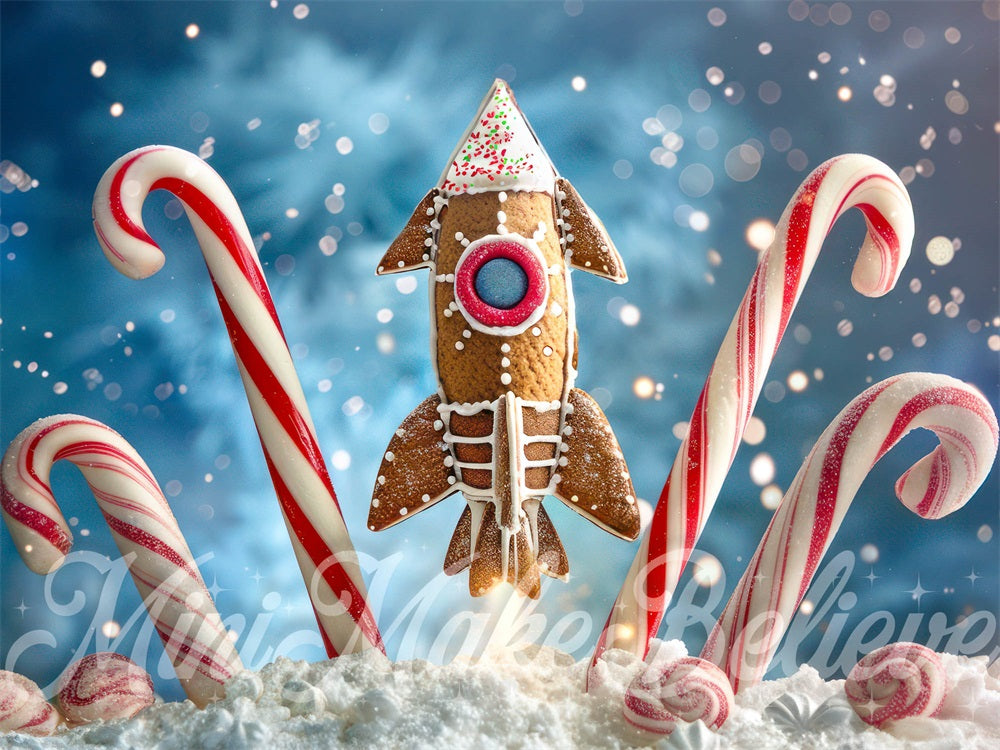 Kate Christmas Red Candy Brown Gingerbread Rocket Backdrop Designed by Mini MakeBelieve