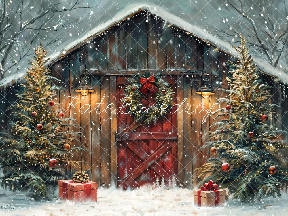 Kate Winter Forest Christmas Night Wooden Barn Backdrop Designed by Chain Photography